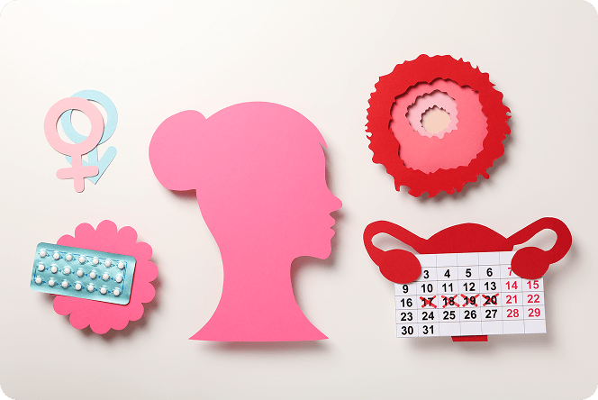 Papieren vrouwenhoofd, baarmoeder, pillenstrip en kalender
