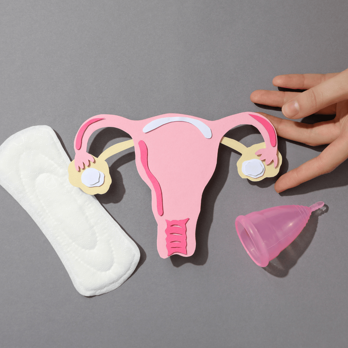 Papieren baarmoeder met maandverband en menstruatiecup
